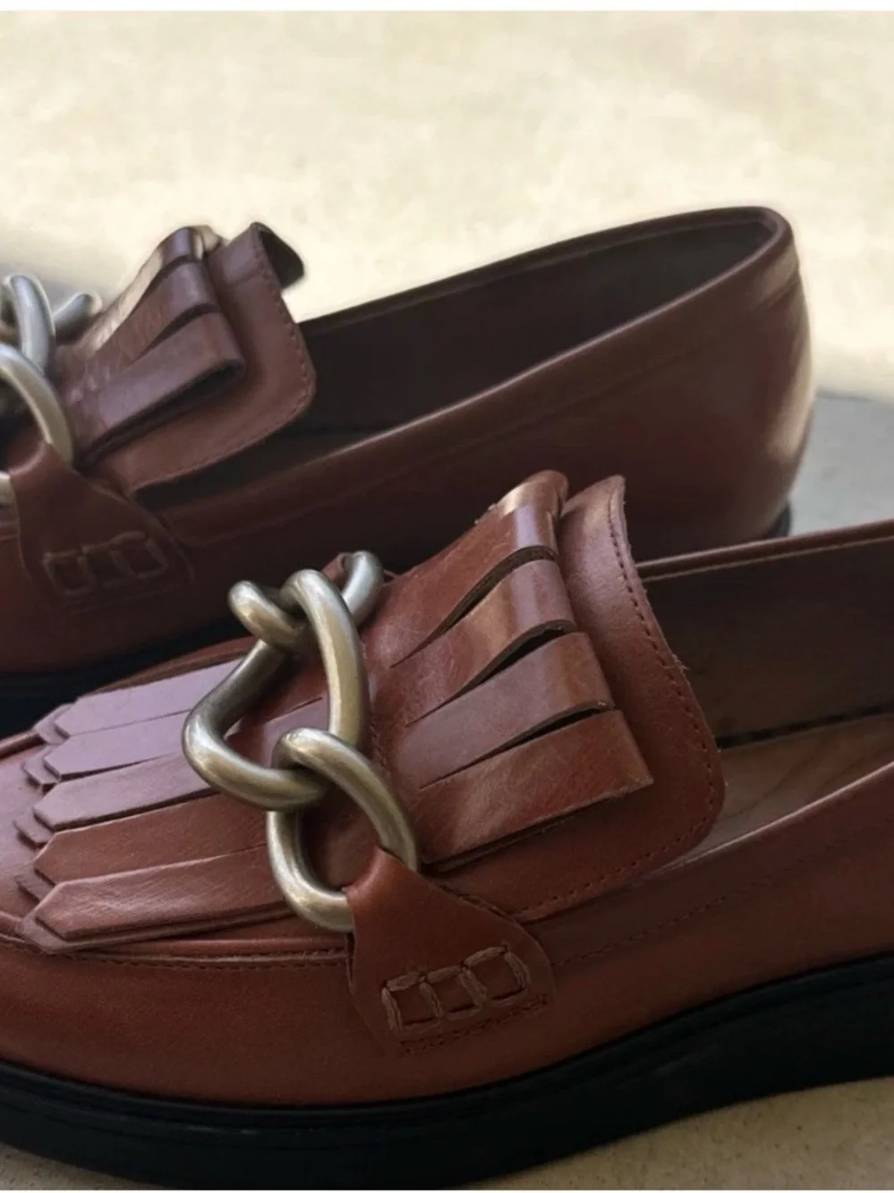 ANTONIO MELANI Brown Leather Kiltie Loafers with Chain Detail 5.5 #875CL